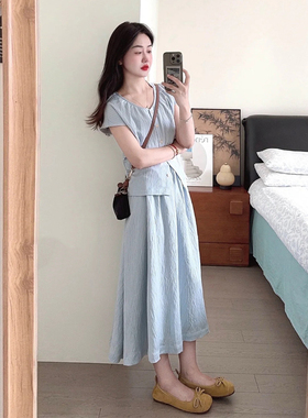 温柔风蓝色时尚套装女夏季新款韩系休闲减龄衬衫高腰半身裙两件套