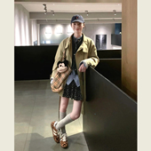 复古艾绿立领中长款 小个子单排扣慵懒休闲大衣 风衣外套女春秋季