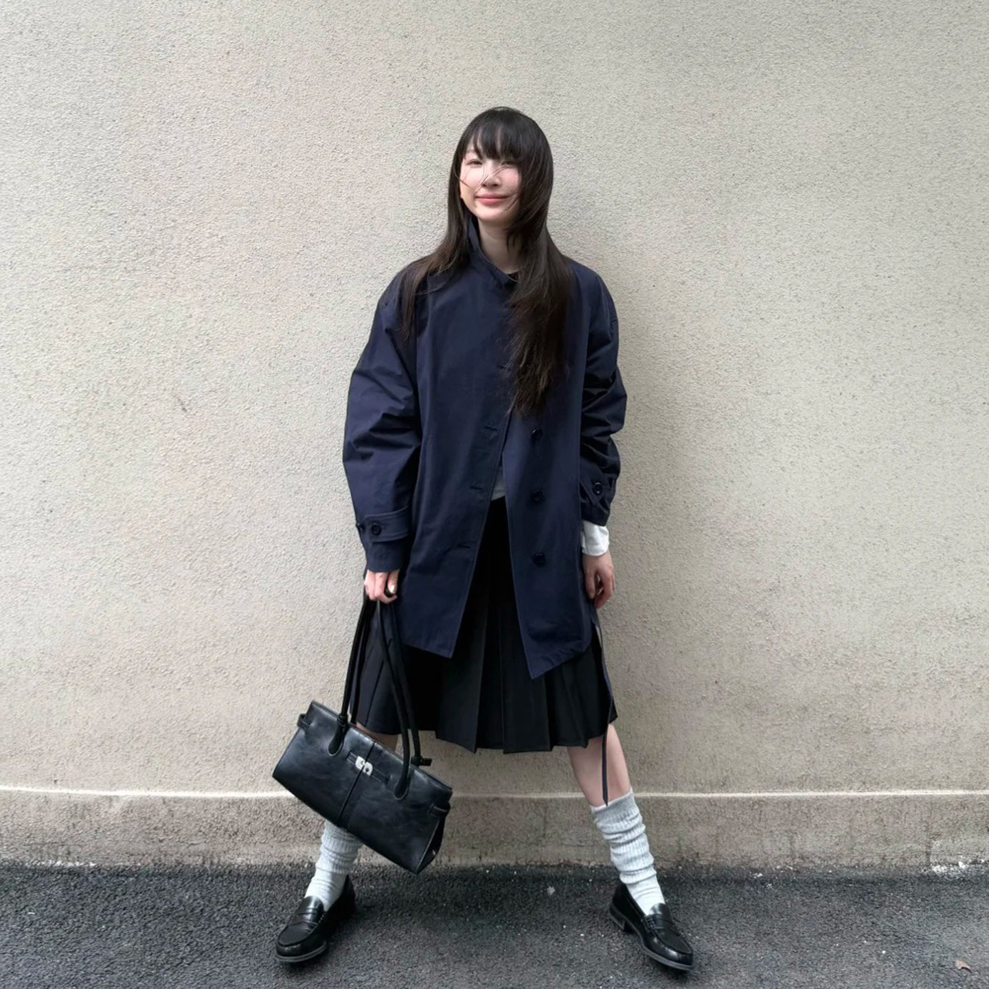 藏青色立领单排扣风衣女春秋季新款小个子韩版宽松休闲中长款外套