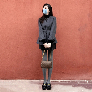 韩系赫本风灰色系带毛呢外套女秋冬新款 气质高级感小个子呢子大衣