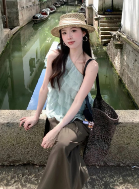 水绿色不对称蛋糕层飘带斜肩上衣女夏老钱垂感廓形绑带阔腿西装裤