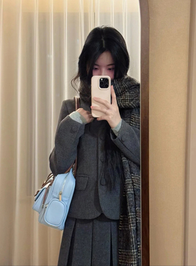 韩系花灰色毛呢套装女秋冬季翻领短款呢子外套高腰百褶裙两件套