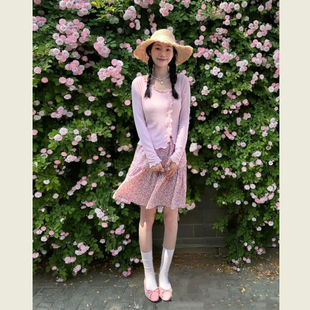 小个子甜美减龄粉色套装 碎花半身裙两件套 女夏季 温柔风针织开衫