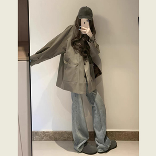 卡其绿立领慵懒风外套女春秋季新款韩版宽松休闲显瘦中长款风衣