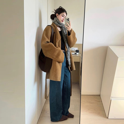 韩系复古棕色立领毛呢外套