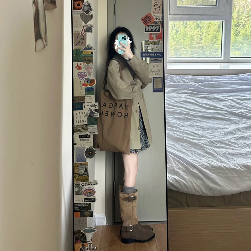 韩系卡其色撞色领单排扣风衣