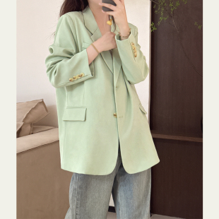 韩版 新款 chic宽松显瘦休闲西服 外套女春秋装 高级感绿色小个子西装
