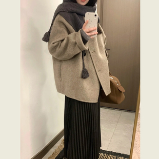 韩系极简风奶咖色翻领毛呢外套女秋冬季小个子高级感减龄呢子大衣