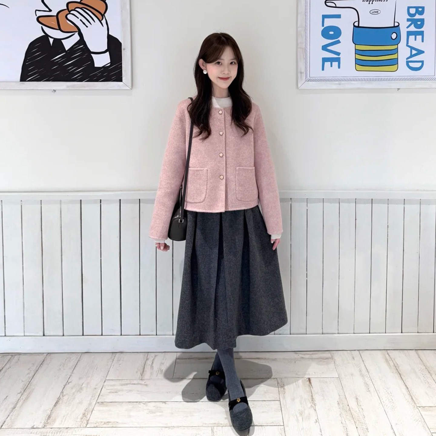 韩系粉色减龄短款呢子上衣女秋冬季小个子圆领气质小香风毛呢外套