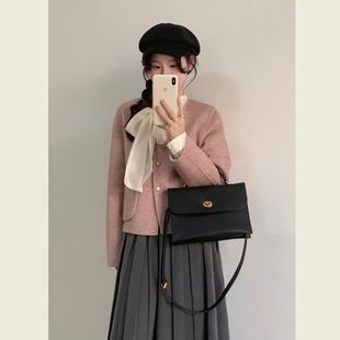 温柔风粉色圆领短款毛呢外套女秋冬季韩版小个子宽松减龄呢子大衣