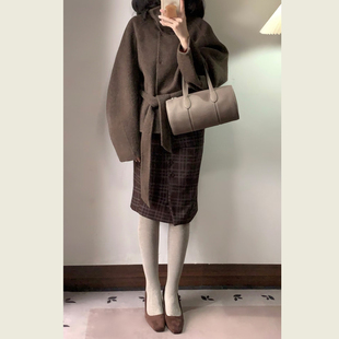 韩系高级感棕色立领短毛呢外套女秋冬季小个子美拉德穿搭呢子大衣