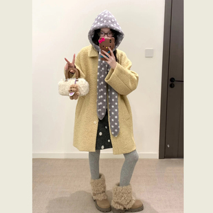 温柔风黄色减龄毛呢外套女冬季新款小个子甜美宽松中长款呢子大衣