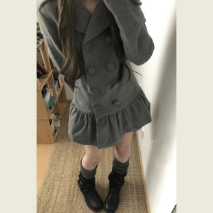 灰色翻领中长款双排扣呢子上衣女秋冬季小个子荷叶边下摆呢子外套