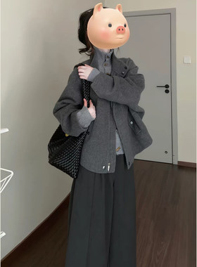 韩系赫本风深灰色立领毛呢外套