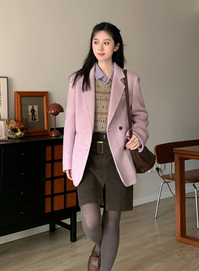 温柔风减龄紫色呢子大衣女秋冬季韩系高级感小个子西装毛呢外套