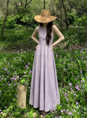 极简风灰紫色圆领无袖连衣裙女夏温柔度假风收腰显瘦A字背心长裙