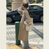 外套 韩系宽松休闲简约中长款 慵懒风卡其色翻领风衣外套春秋季 新款