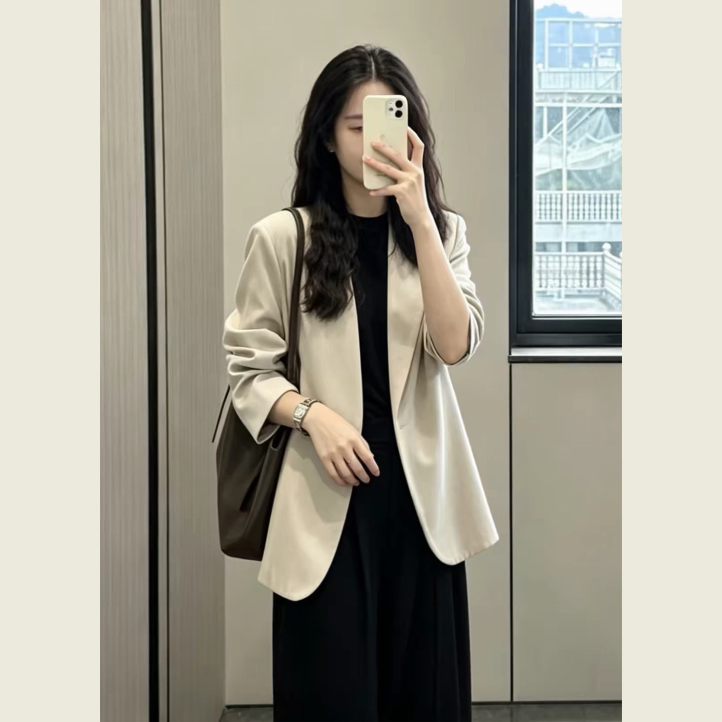 韩系通勤米白色无领西装外套女春秋季新款极简风修身显瘦西服上衣