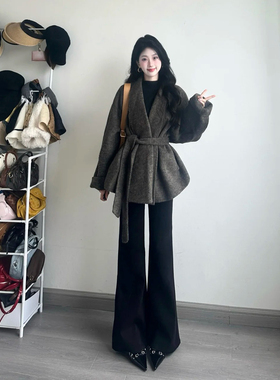 韩系赫本风灰色系带呢子大衣女秋冬季小个子气质通勤显瘦毛呢外套