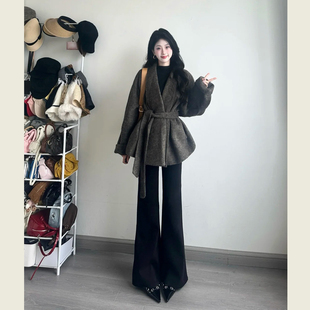 韩系赫本风灰色系带呢子大衣女秋冬季 小个子气质通勤显瘦毛呢外套
