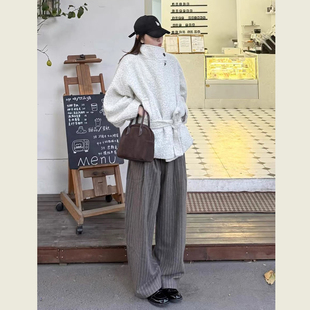 韩系灰色立领系带圈圈毛外套女秋冬季小个子收腰显瘦短款呢子大衣