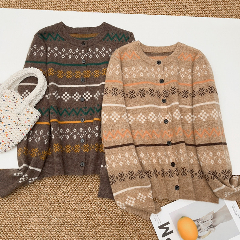 麻趣羊毛复古费尔岛图案针织开衫女冬季加厚宽松慵懒风短款毛衣