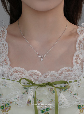 轻奢百搭月桂女神项链女s999纯银小众高级感树叶锆石锁骨链足银