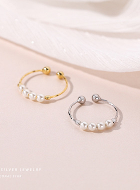 云小舒s925复古仿珍珠戒指女法饰个性轻奢小众指环纯银关节戒单戒