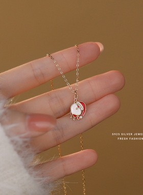 s925纯银圣诞老人项链女卡通可爱小众锁骨链彩色滴胶圣诞礼品批发