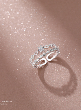 s925纯银双层皇冠戒指女日韩简约小清新个性开口食指环潮流手饰品