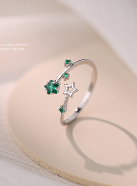S925纯银女式小清新绿色镶锆石星星开口戒指创意个性指环时尚手饰