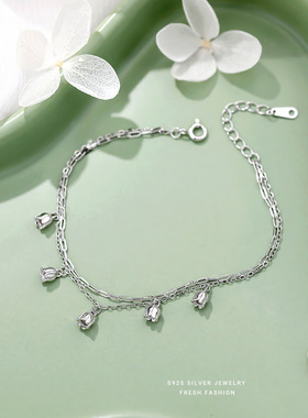 韩版S925纯银小清新流苏铃兰花手链女双层叠戴风素银质感手饰百搭