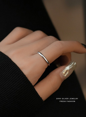s999足银素圈光面戒指女极简设计简约网红对戒可刻字可调节开口戒