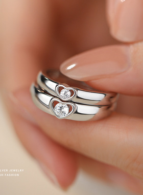 韩版心心相印情侣戒指s925纯银百搭轻奢锆石爱心对戒情人节礼物