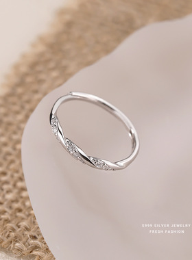 缠绕爱河闪钻戒指女s999纯银轻奢百搭高级感微镶指环小众食指戒