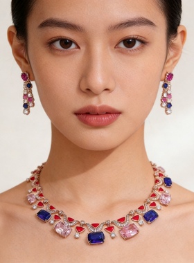 法式粉钻晚宴礼服锁骨链choker彩色高级感新娘项链耳环套装重工女