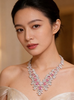 法式奢华重工粉钻新娘晚宴礼服项链耳环套装高级感舞会晚装锁骨链