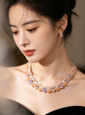 多巴胺橘黄彩色宝石晚礼服项链配饰高级感小众女复古锁骨链choker