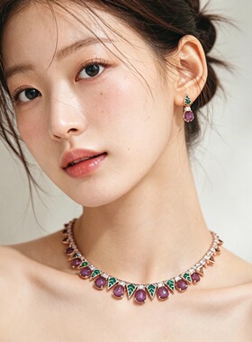 复古宫廷风小众高级感紫色绿色蛋面珐琅彩宝石晚礼服项链耳环套装