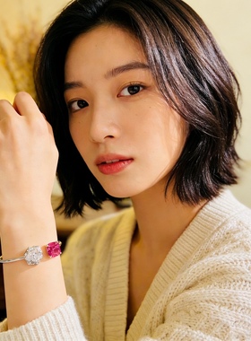 法式轻奢ins高级感925纯银镀18K金山茶花粉红钻开口手镯小众设计