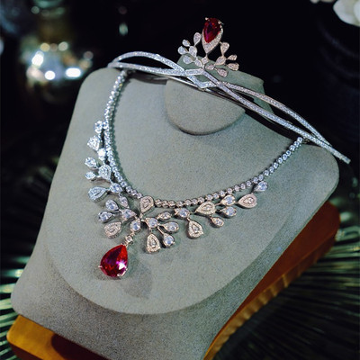 法式公主复古轻奢高级感粉色皇冠头饰新娘主婚纱晚礼服项链套装女