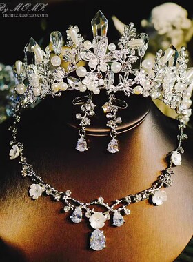 欧式巴洛克王冠皇冠头饰韩式新娘饰品套装结婚项链耳环三件套银色