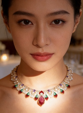 法式复古宫廷风人工彩色红宝石晚宴礼服项链新娘结婚晚装锁骨链女