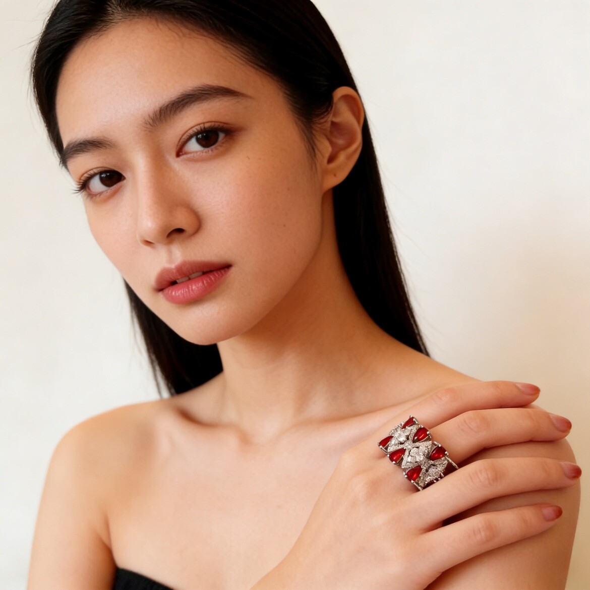 魔猫昭昭欧美时尚鸽血红宝石元素戒指轻奢优雅宴会婚庆鸡尾酒舞会