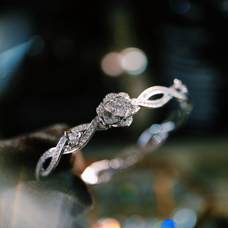 魔猫昭昭S925纯银镀金法式轻奢玫瑰山茶花手镯高级感新娘手链满钻