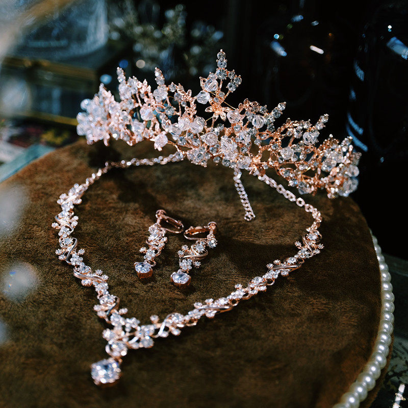 高端轻奢高级感法式水晶皇冠新娘头饰三件套结婚主婚纱晚礼服配饰