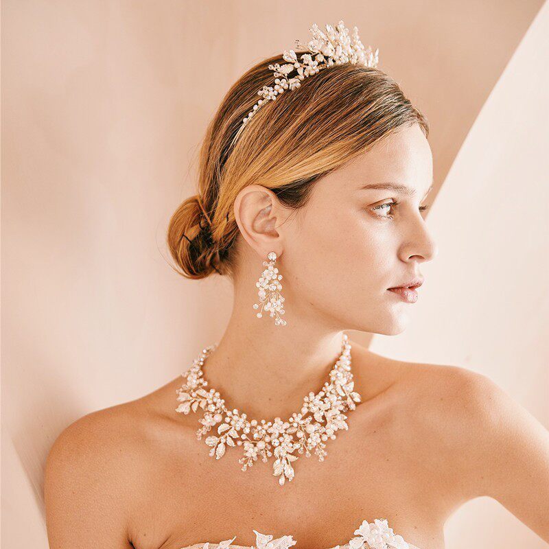 闺蜜镀金新娘皇冠头饰三件套结婚项链耳环婚纱金色韩式发饰套装金