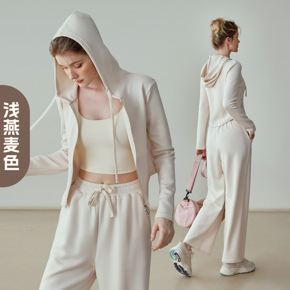 新款瑜伽套装女秋冬加厚保暖长袖连帽健身服运动休闲阔腿裤两件套