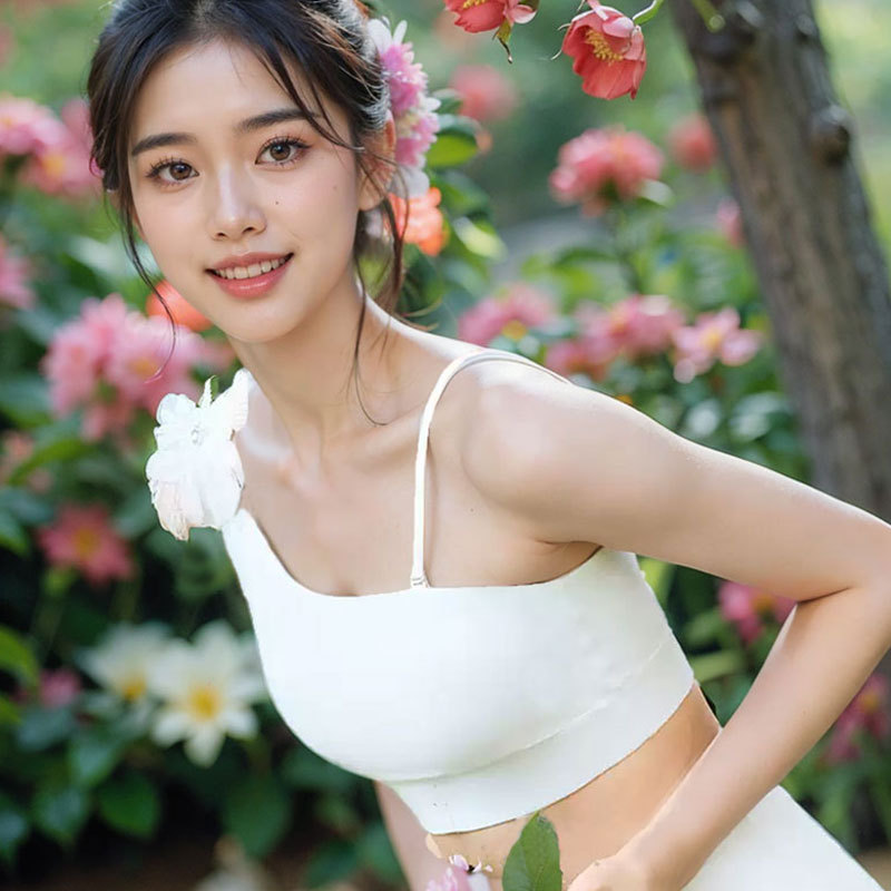 单肩斜肩吊带女立体花朵瑜伽背心