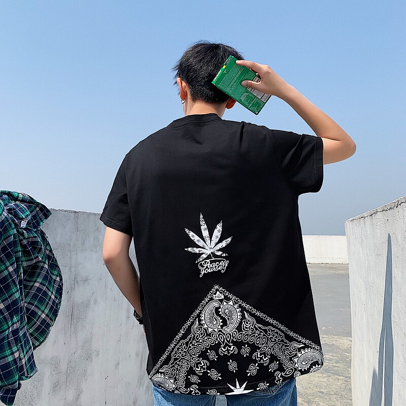 2021夏季新款港风枫叶印花短袖T恤男潮牌宽松校园班服T118,男装T恤,电商A171
